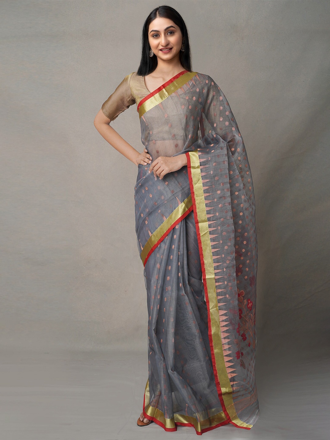 

Unnati Silks Floral Zari Organza Jamdani Saree, Grey
