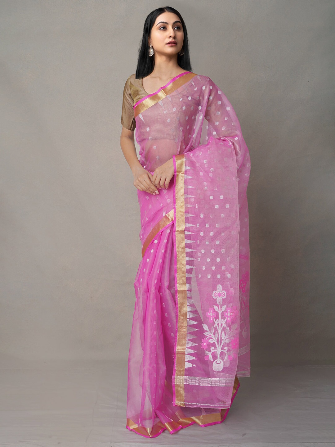 

Unnati Silks Woven Design Zari Organza Jamdani Saree, Pink
