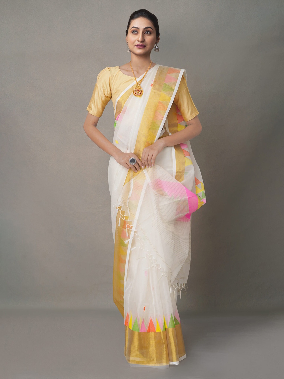 

Unnati Silks Zari Silk Cotton Jamdani Saree, Cream