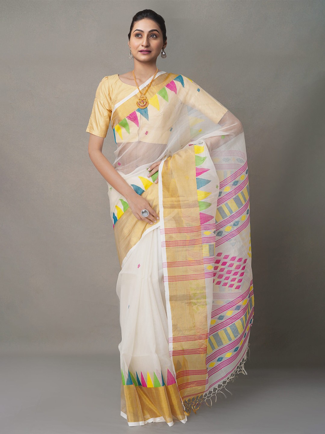 

Unnati Silks Ethnic Motifs Silk Cotton Handloom Jamdani Saree, Cream
