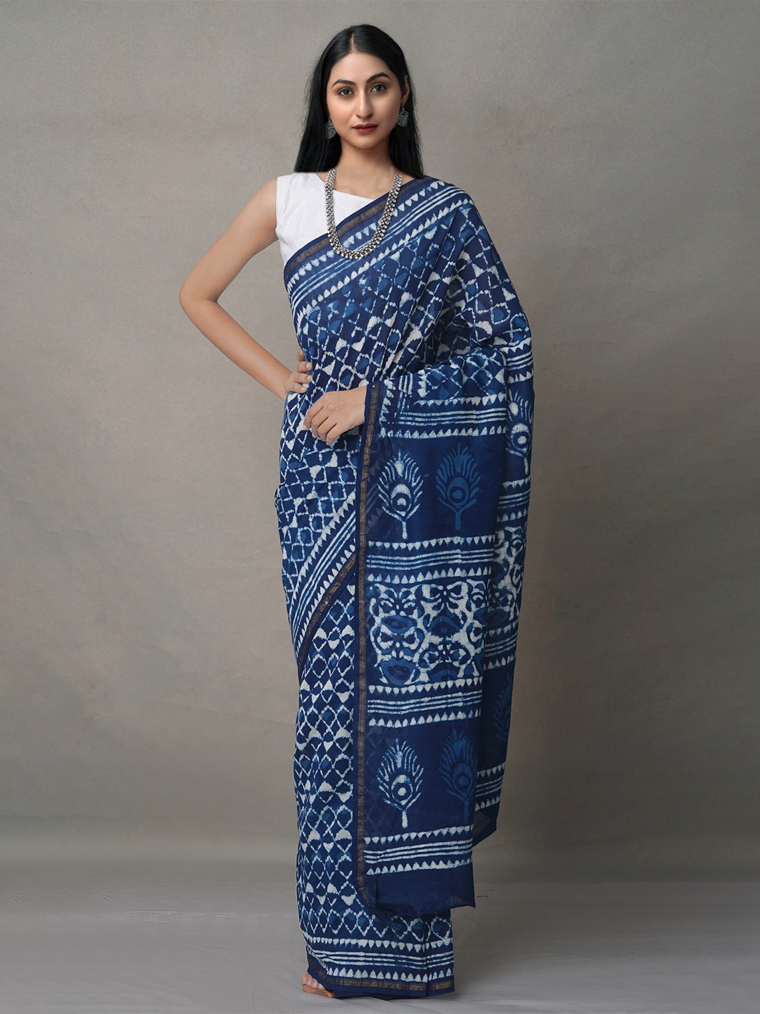 

Unnati Silks Dabu Zari Silk Cotton Handloom Chanderi Saree, Blue
