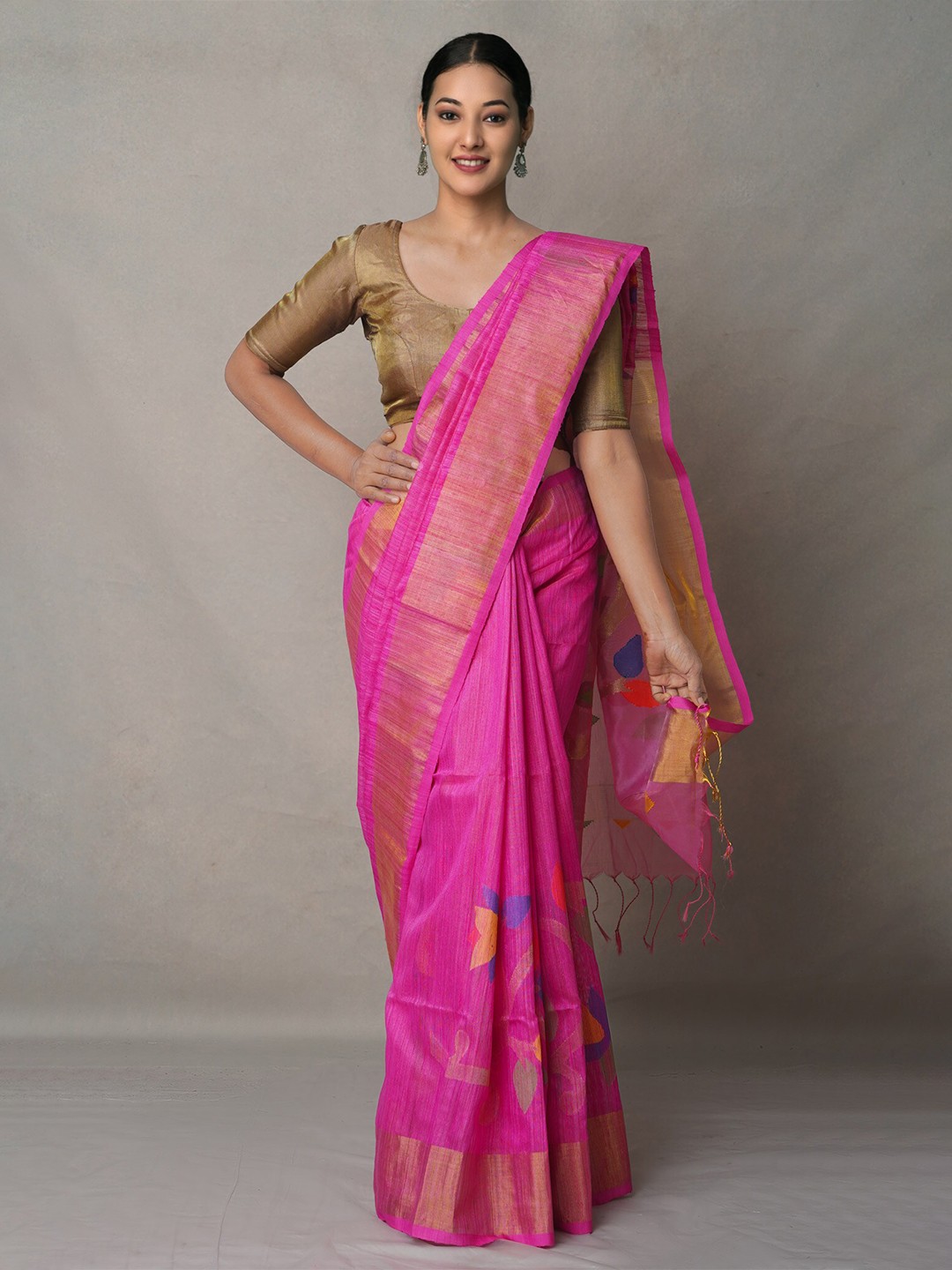 

Unnati Silks Floral Printed Silk Cotton Handloom Jamdani Saree, Pink