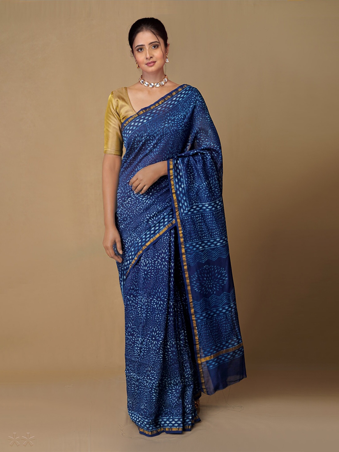 

Unnati Silks Ethnic Motifs Zari Pure Cotton Chanderi Saree, Navy blue