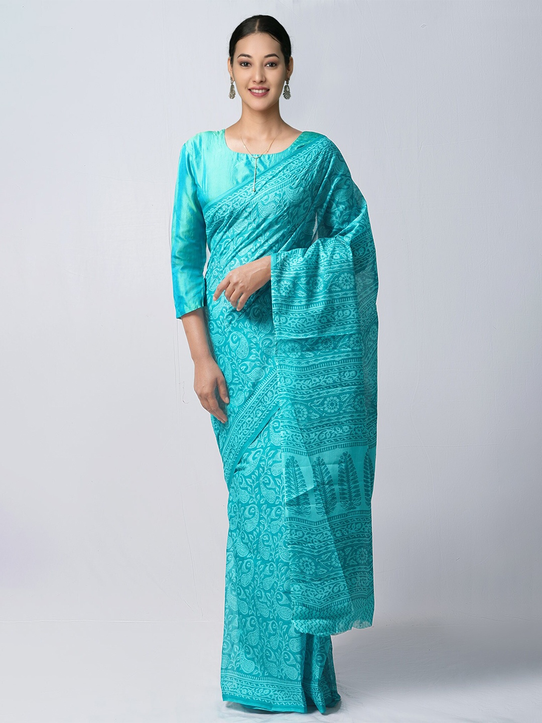 

Unnati Silks Paisley Pure Cotton Block Print Saree, Blue