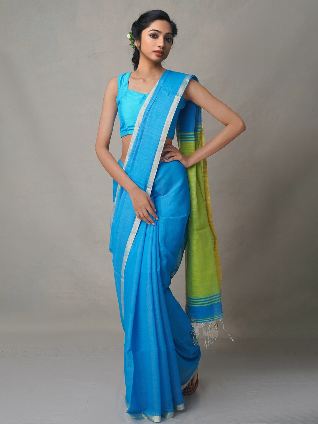 

Unnati Silks Zari Pure Cotton Jamdani Saree, Blue