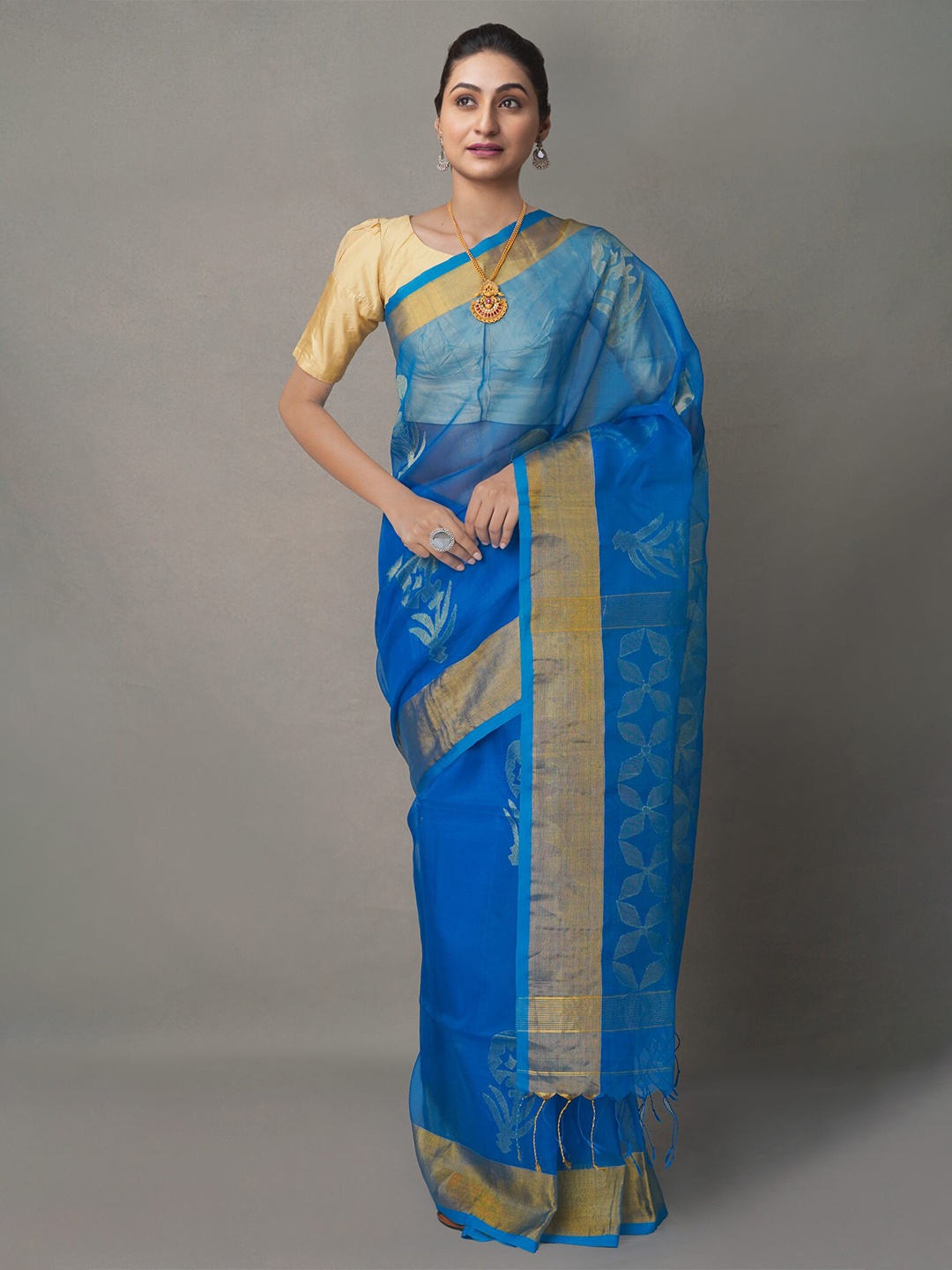 

Unnati Silks Ethnic Motifs Zari Silk Cotton Jamdani Saree, Blue