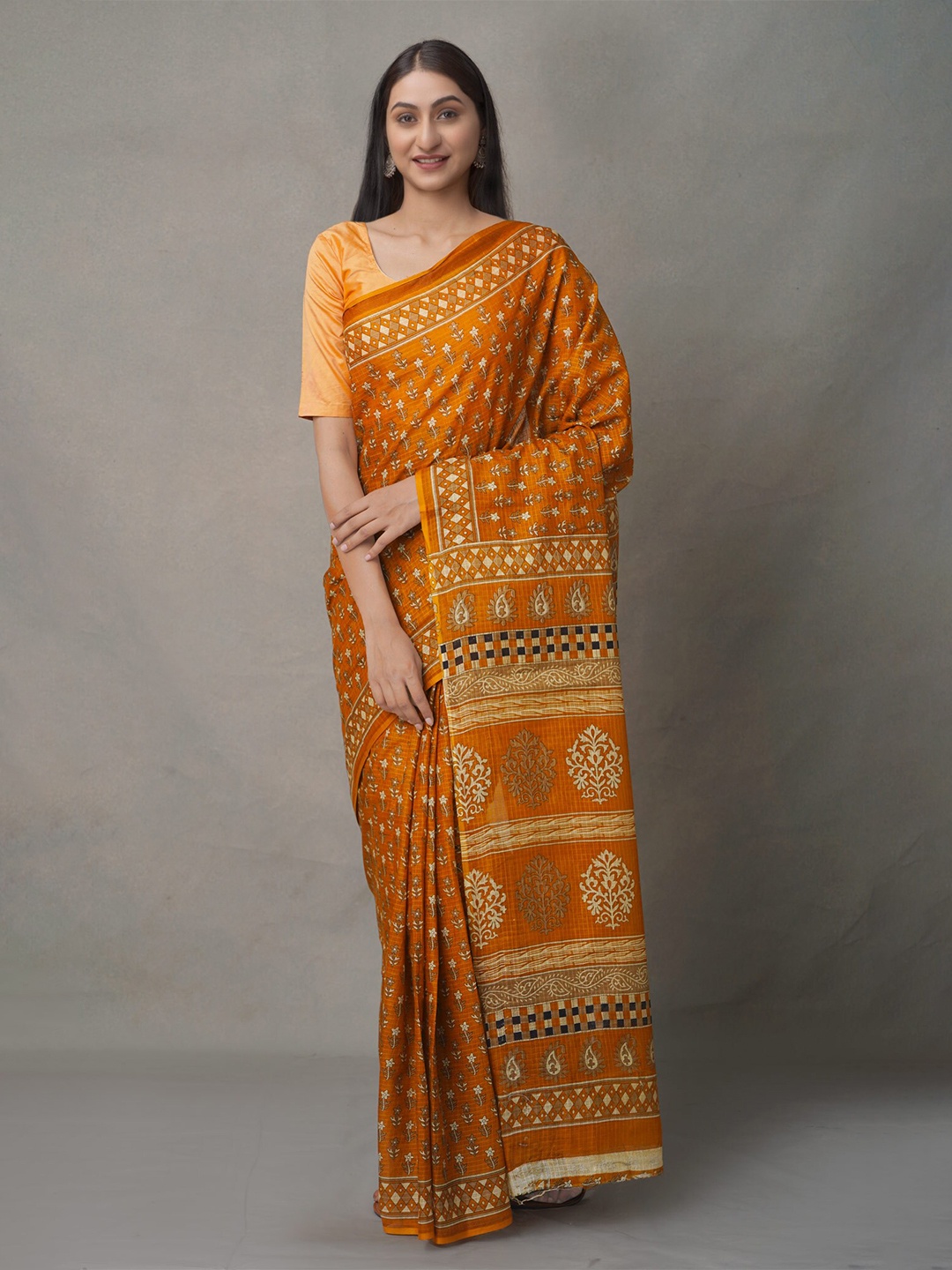 

Unnati Silks Ethnic Motifs Pure Cotton Block Print Saree, Orange