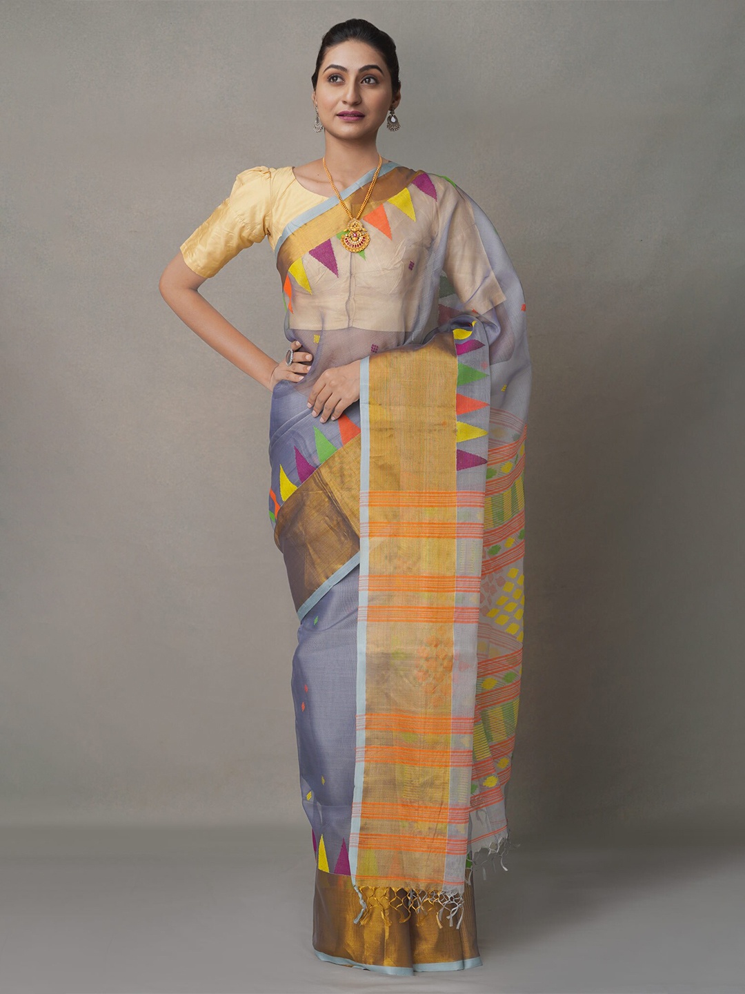 

Unnati Silks Woven Design Zari Silk Cotton Jamdani Saree, Grey
