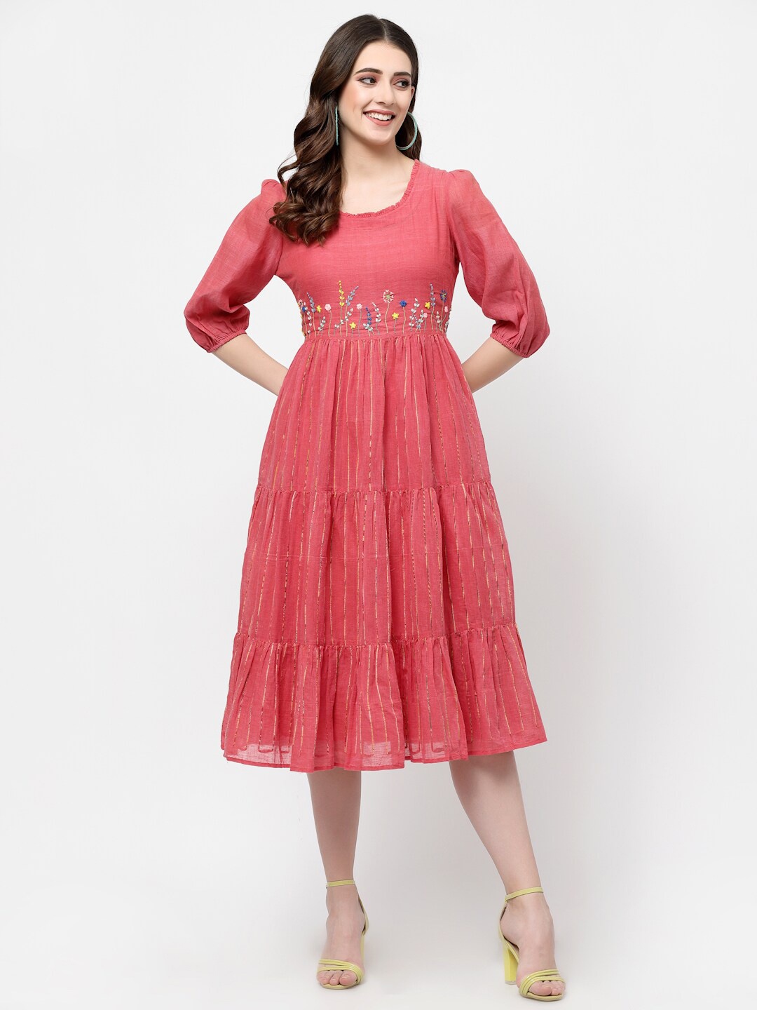 

TERQUOIS Floral Embroidered Pure Cotton Midi Dress, Pink