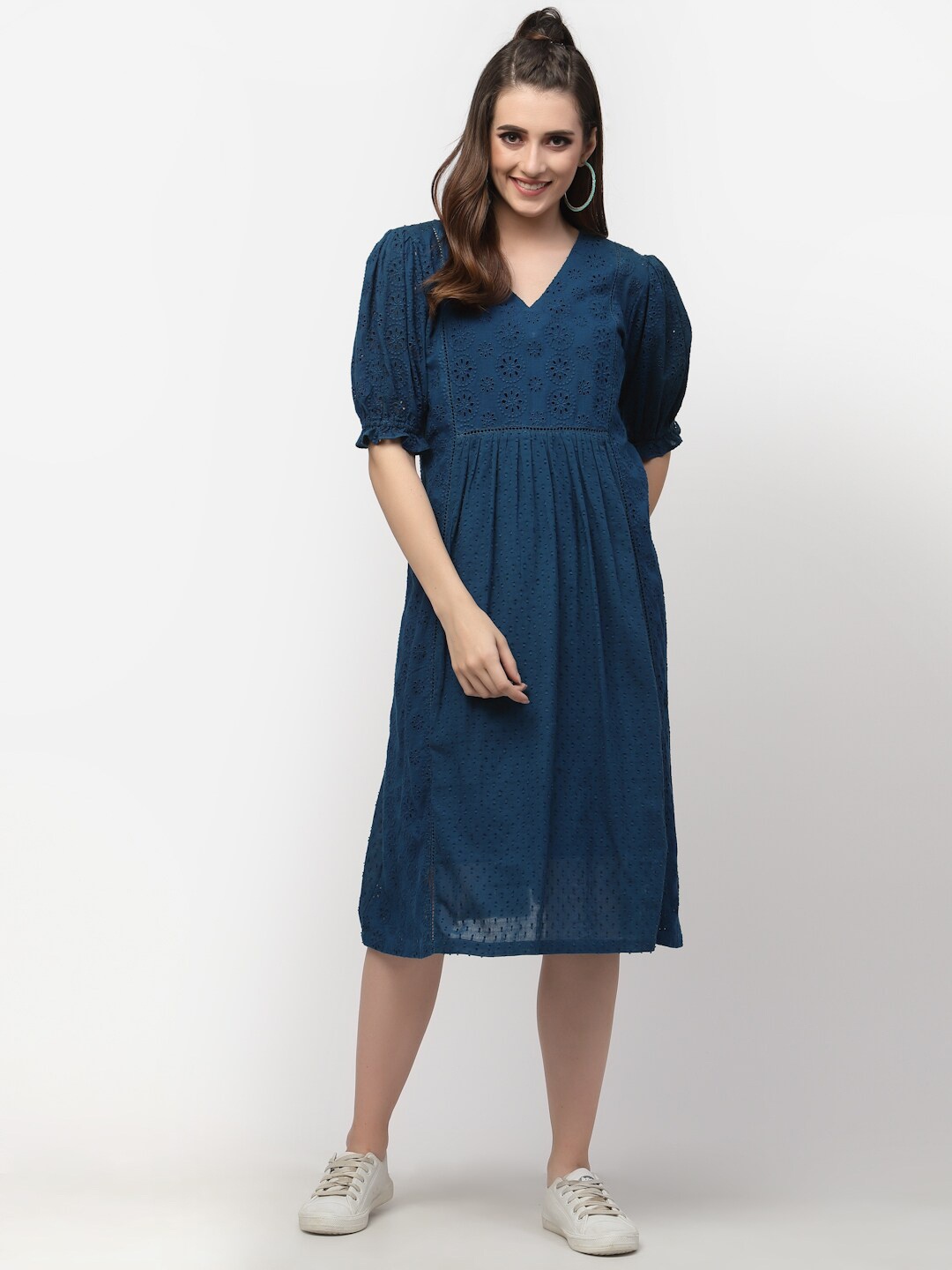 

TERQUOIS Pure Cotton A-Line Midi Dress, Blue