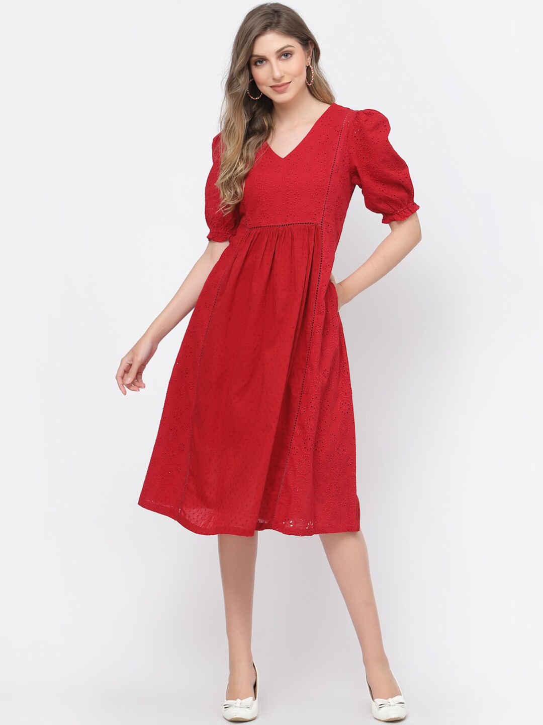 

TERQUOIS Pure Cotton A-Line Dress, Red
