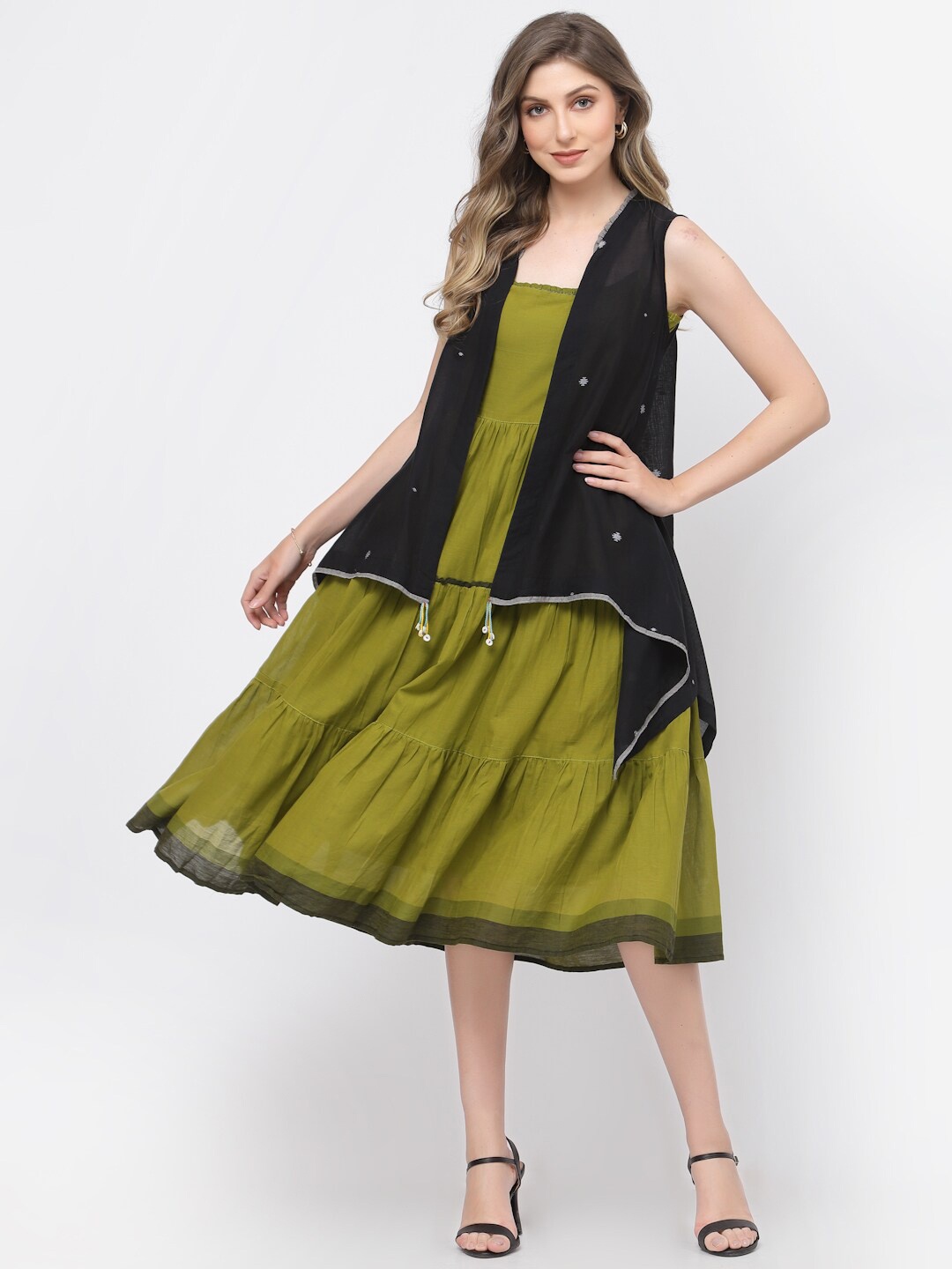 

TERQUOIS Shoulder Strap Cotton Fit & Flare Midi Dress, Green