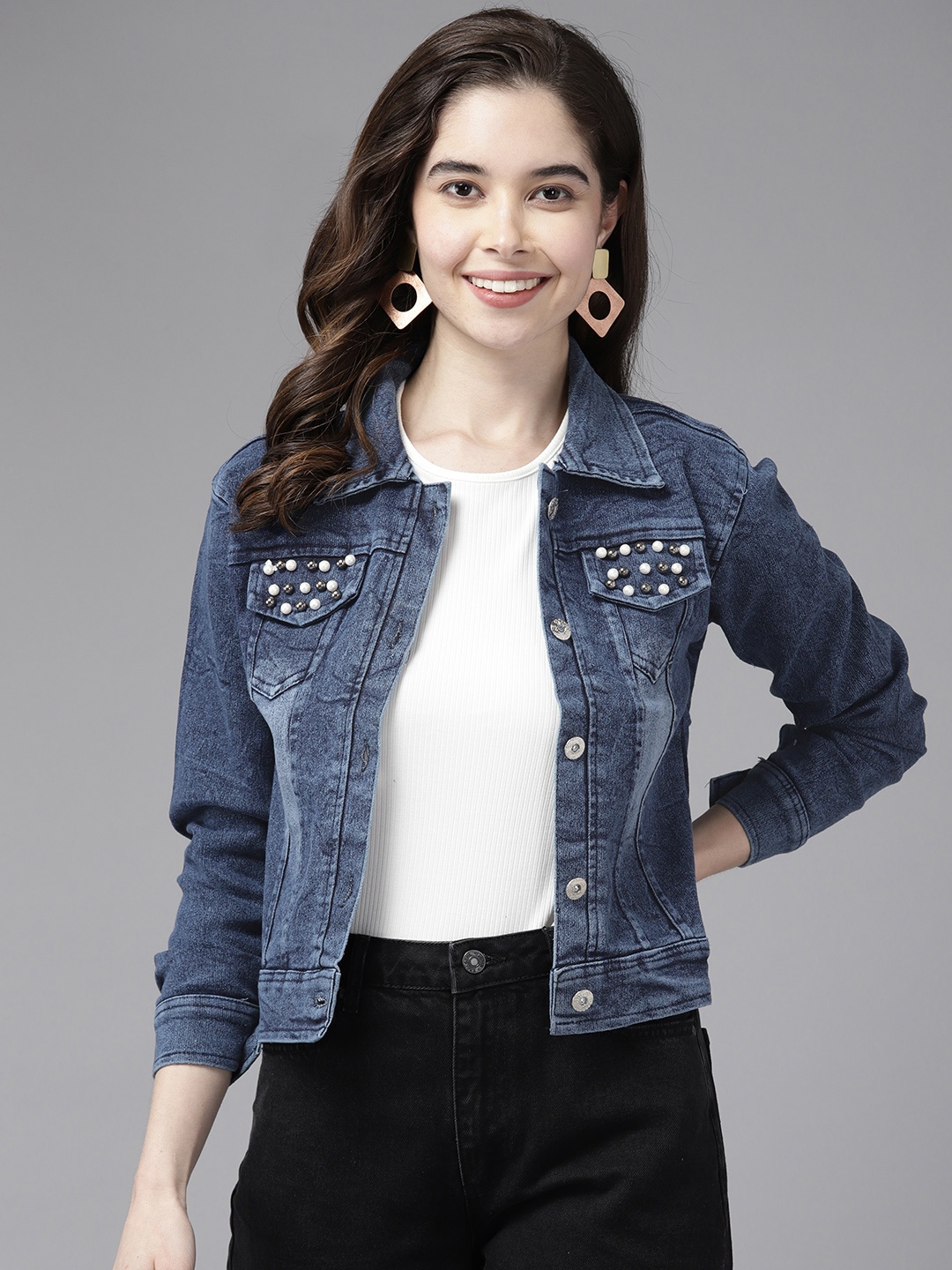 

Aarika Women Embellished Denim Jacket, Navy blue