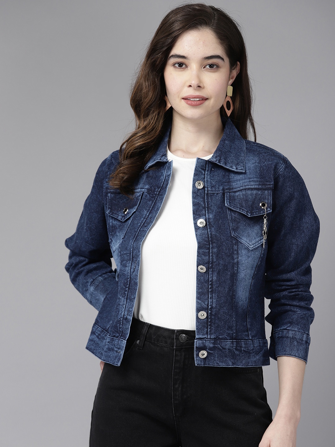 

Aarika Women Self Design Denim Jacket, Navy blue