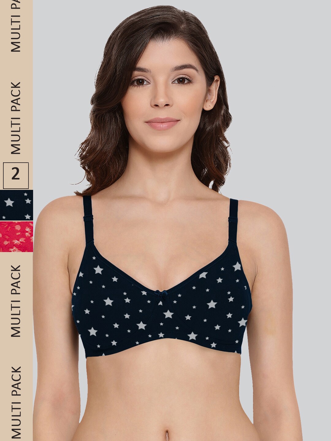 

LYRA Pack Of 2 Printed Cotton Anti Bacterial Underwired Anti Odour Bra, Navy blue