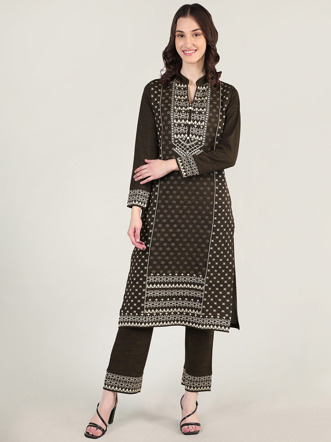 

MIKHAD Self Design Band Collar Kurta with Trousers & Dupatta, Coffee brown