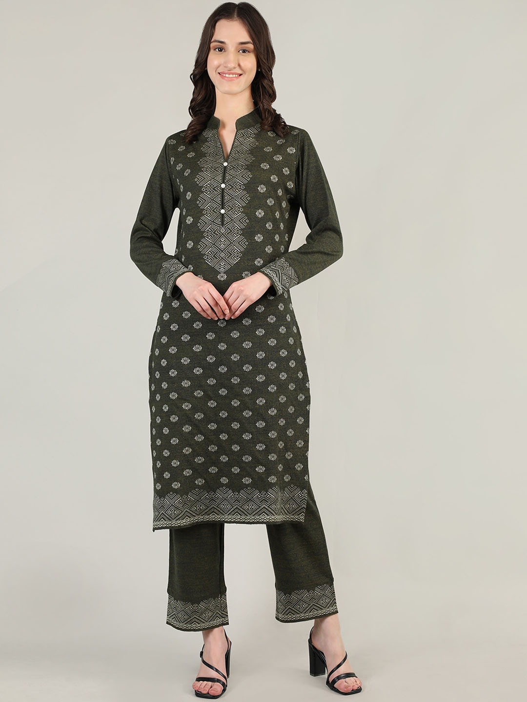

MIKHAD Women Olive Green Pure Wool Kurta with Trousers