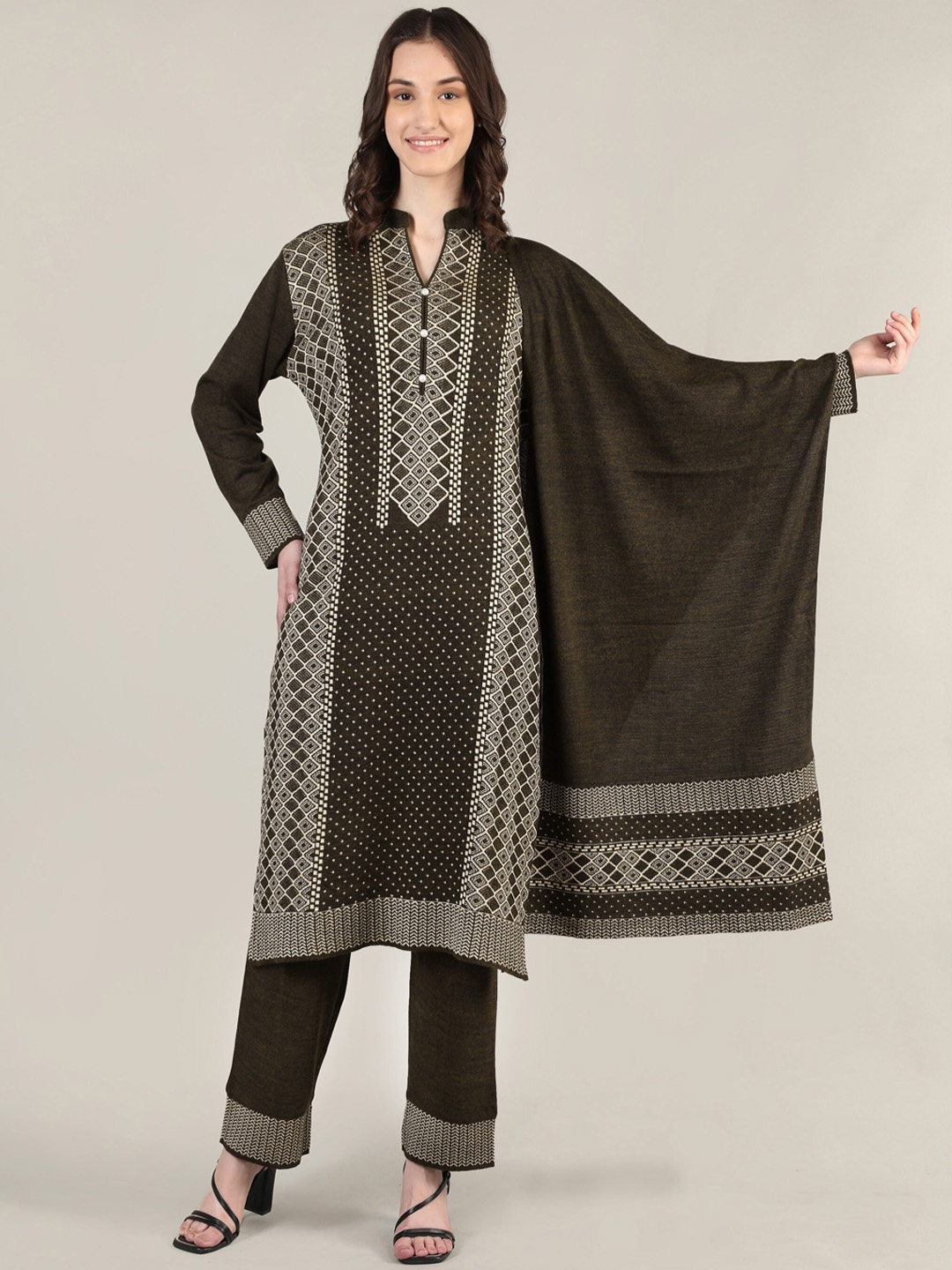 

MIKHAD Kurta with Trousers & With Dupatta, Coffee brown