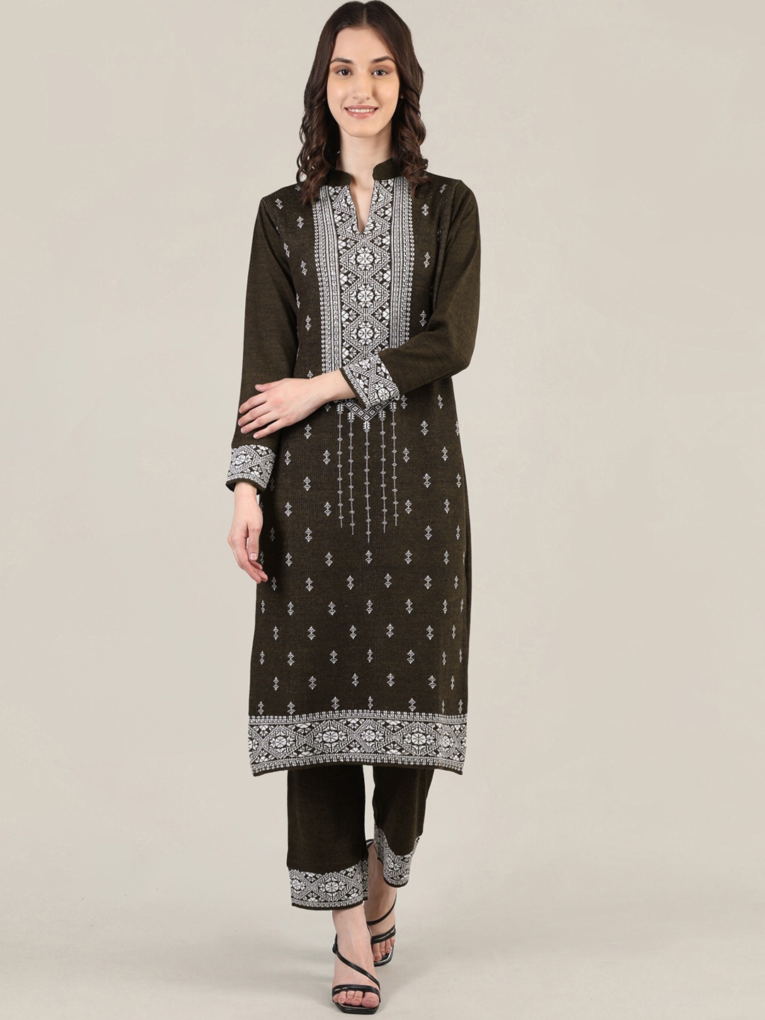 

MIKHAD Mandarin Collar Kurta with Trousers, Coffee brown