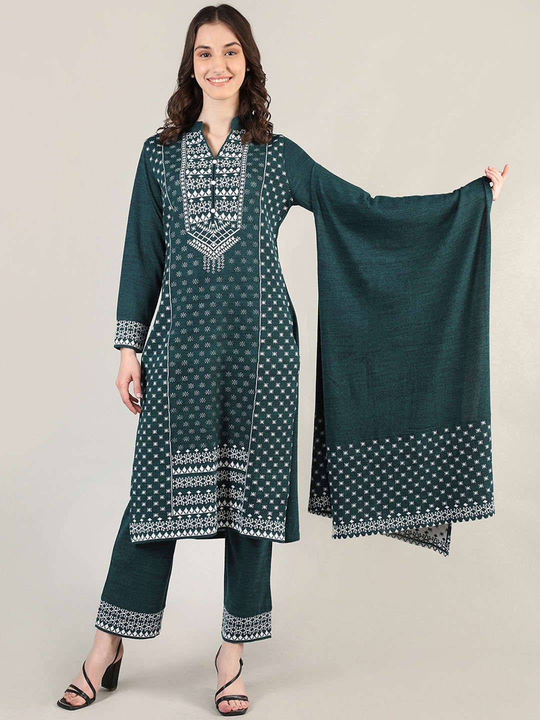

MIKHAD Pure Wool Kurta with Trousers & With Dupatta, Teal