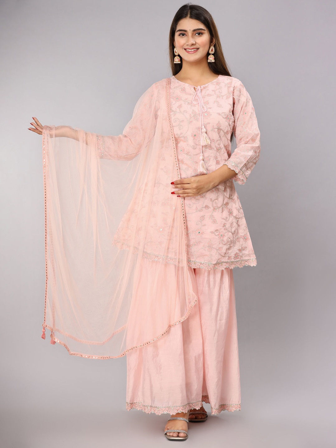 

FASHION DWAR Women Floral Embroidered Mirror Work Pure Cotton Kurti With Sharara & Dupatta, Pink