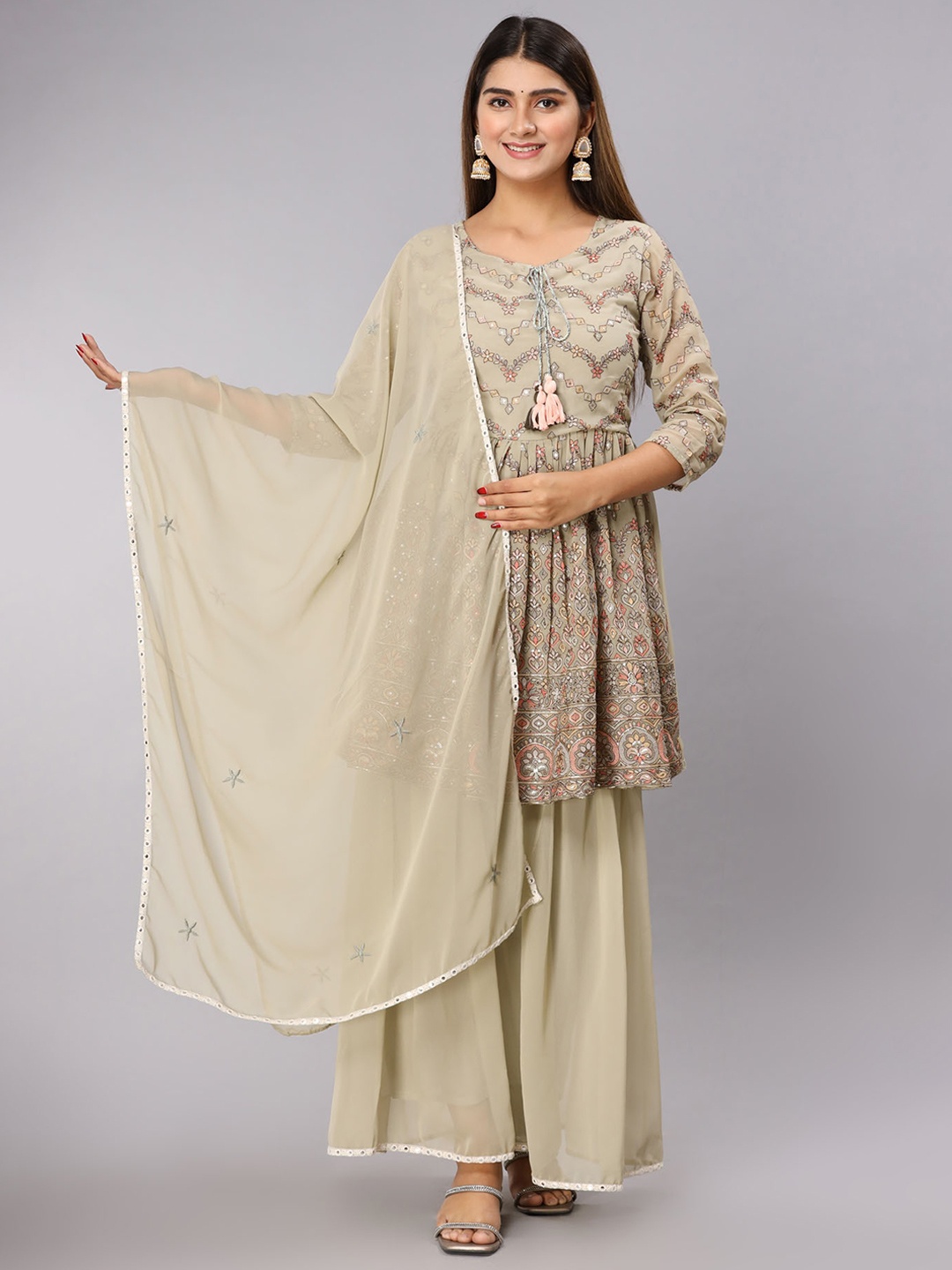 

FASHION DWAR Floral Embroidered Sequinned Kurta With Sharara & Dupatta, Beige