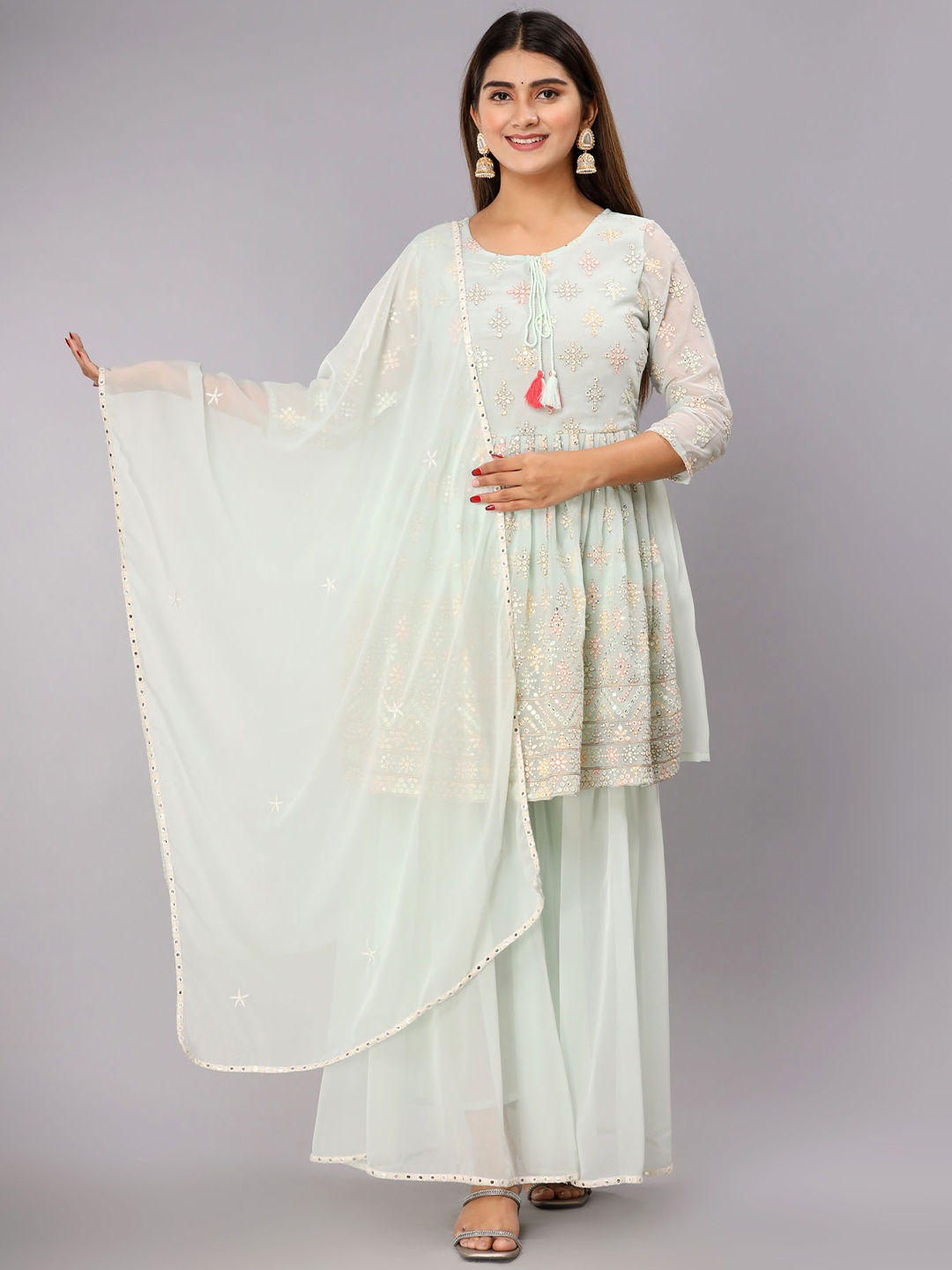 

FASHION DWAR Women Ethnic Motifs Embroidered Mirror Work Kurti With Sharara & Dupatta, Turquoise blue