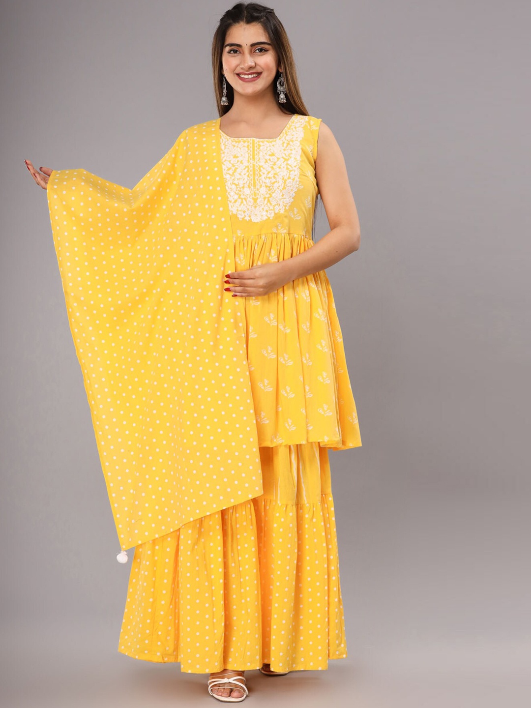 

FASHION DWAR Women Floral Printed Thread Work Pure Cotton Kurta With Sharara & Dupatta, Yellow