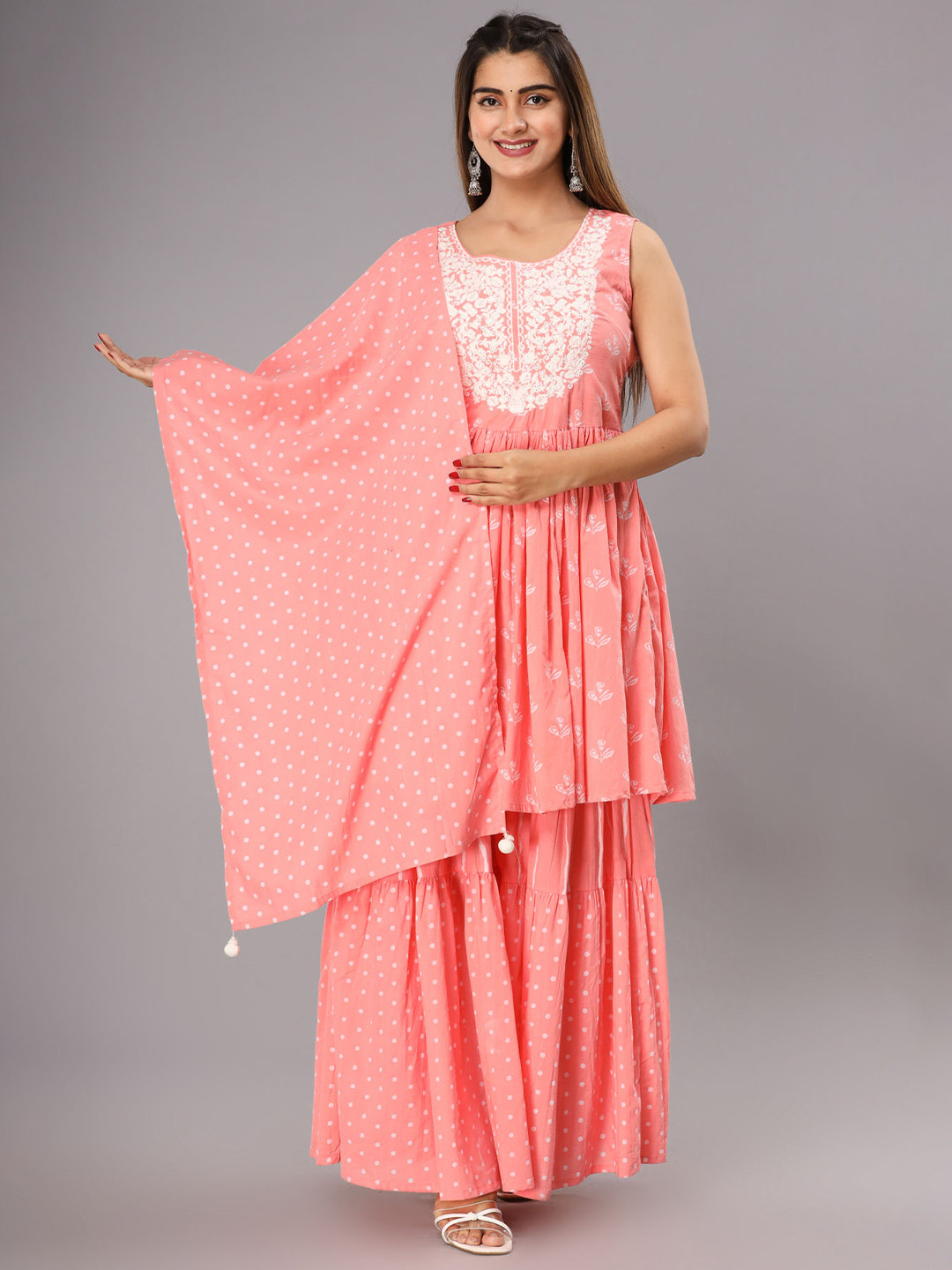 

FASHION DWAR Women Floral Printed Thread Work Pure Cotton Kurti With Sharara & Dupatta, Pink