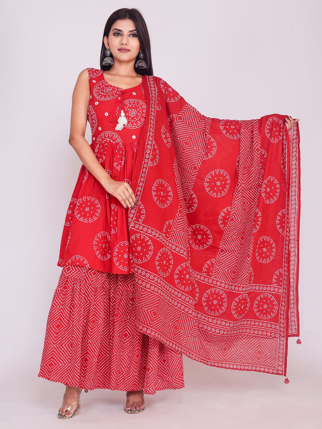 

FASHION DWAR Women Bandhani Embroidered Pure Cotton Kurta With Sharara & Dupatta, Red