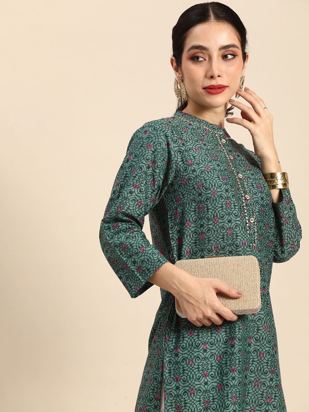

Sangria Women Ethnic Motifs Printed Gotta Patti Kurta, Green