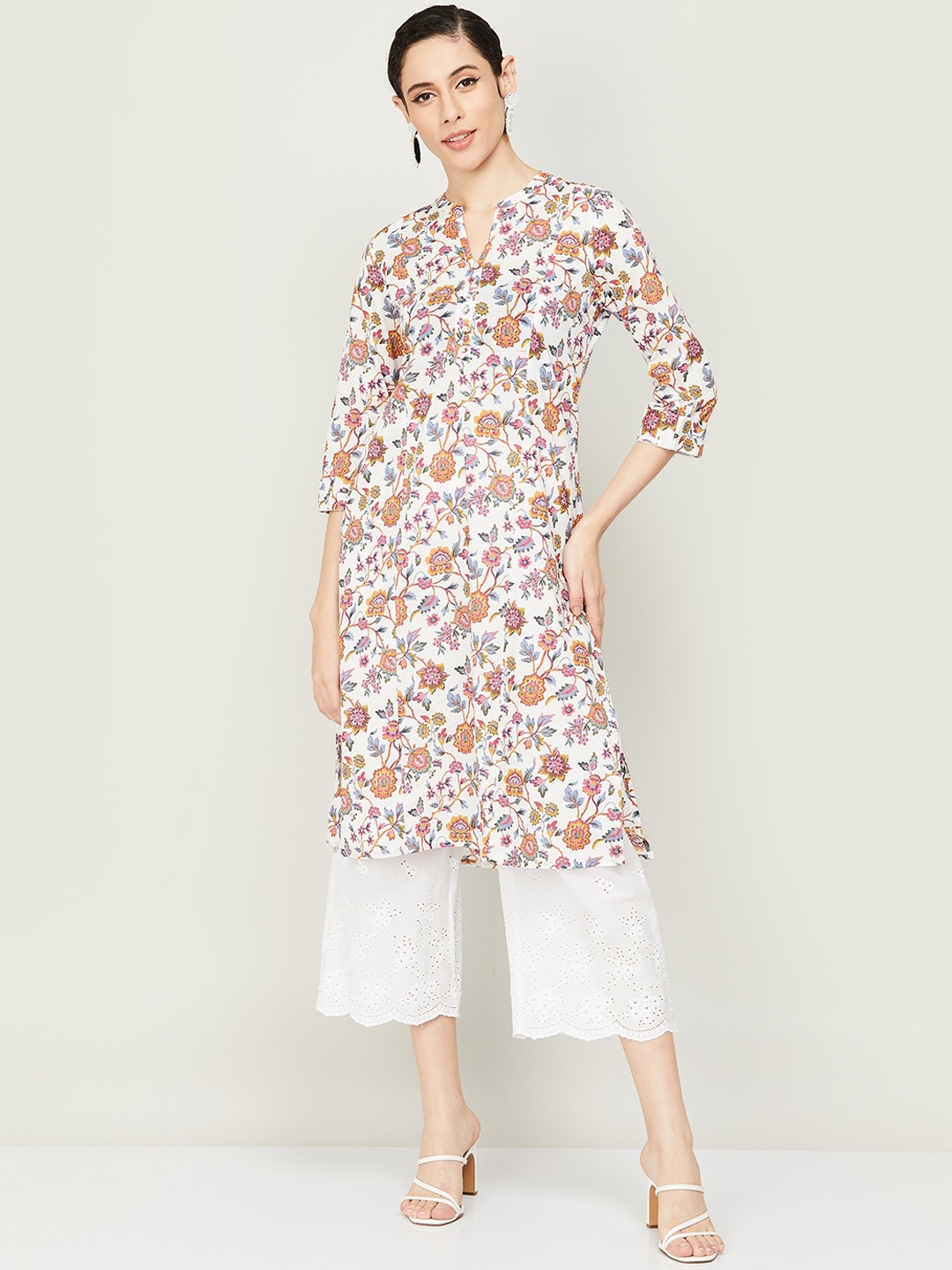 

Melange by Lifestyle Cotton Floral Printed Kurta, White