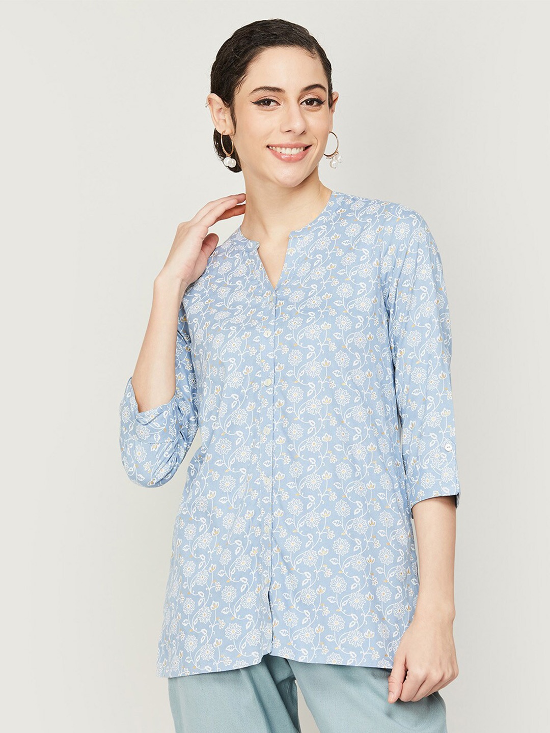 

Melange by Lifestyle Floral Print Mandarin Collar Shirt Style Top, Blue