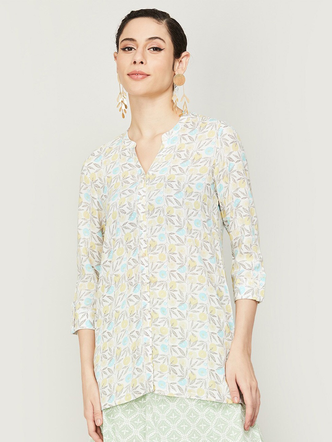 

Melange by Lifestyle Floral Print Mandarin Collar Roll-Up Sleeves Shirt Style Top, White