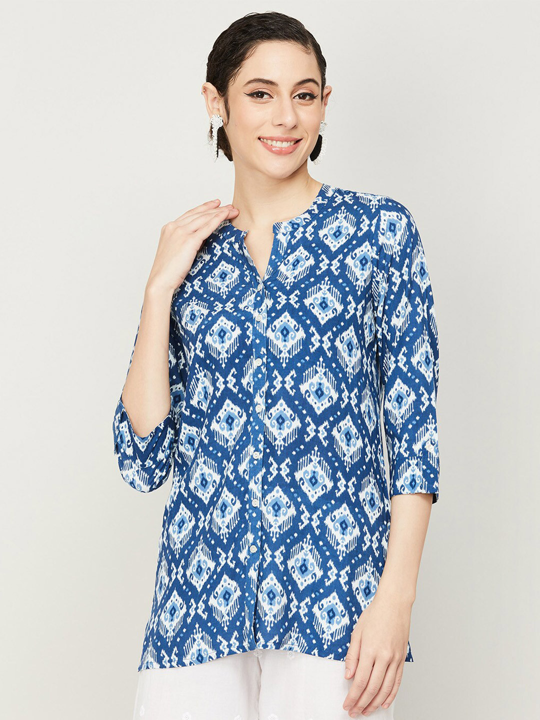 

Melange by Lifestyle Women Print Mandarin Collar Shirt Style Top, Blue