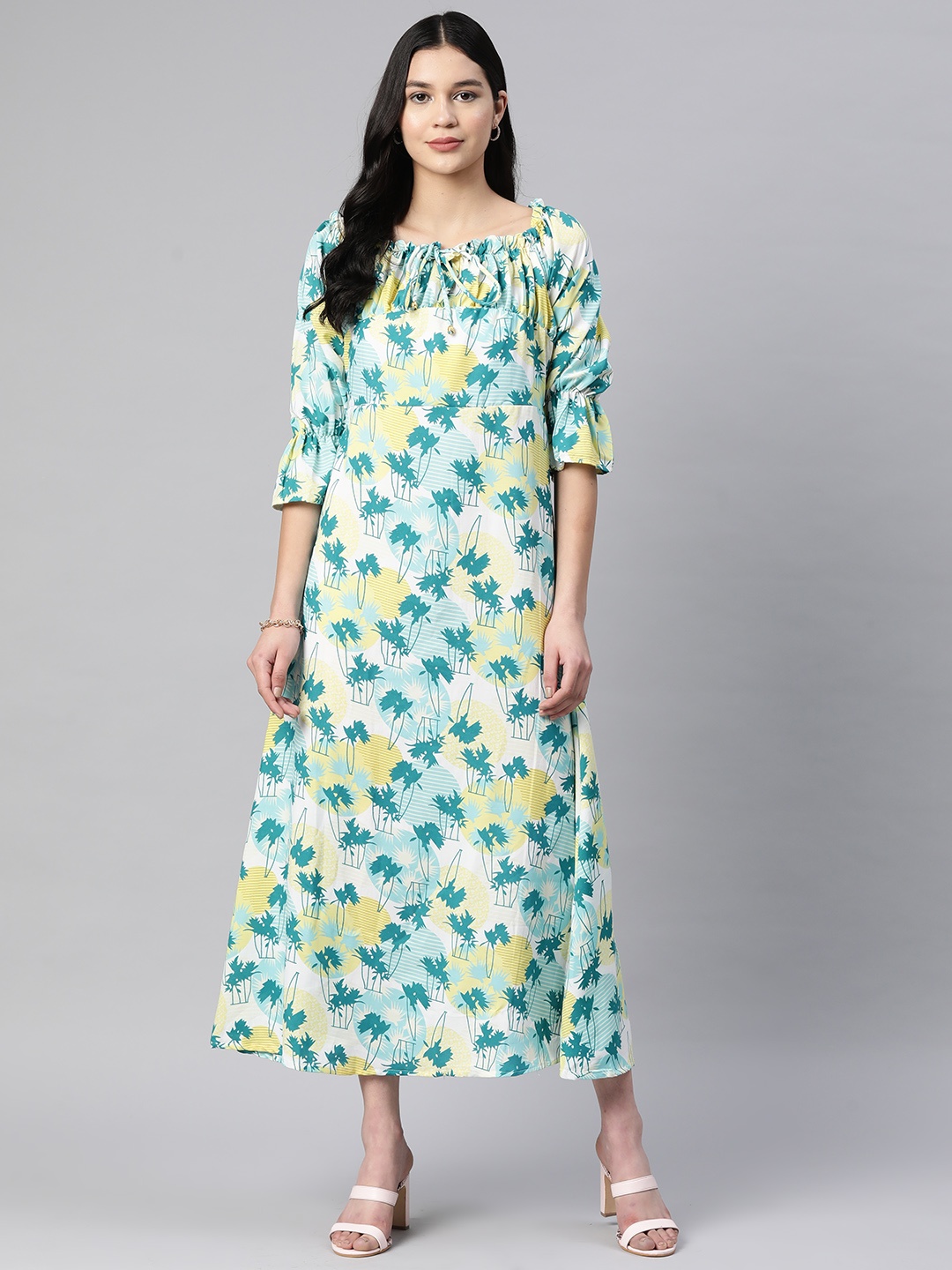

SERONA FABRICS Floral Tie-Up Neck Puff Sleeves A-Line Midi Dress, Multi