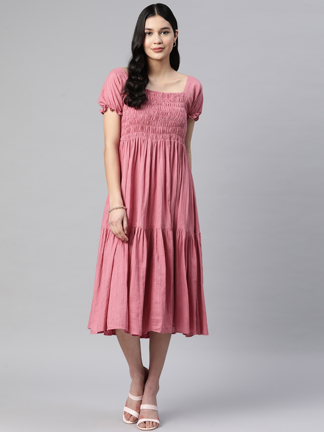 

SERONA FABRICS Smocked Tiered Midi Dress, Pink