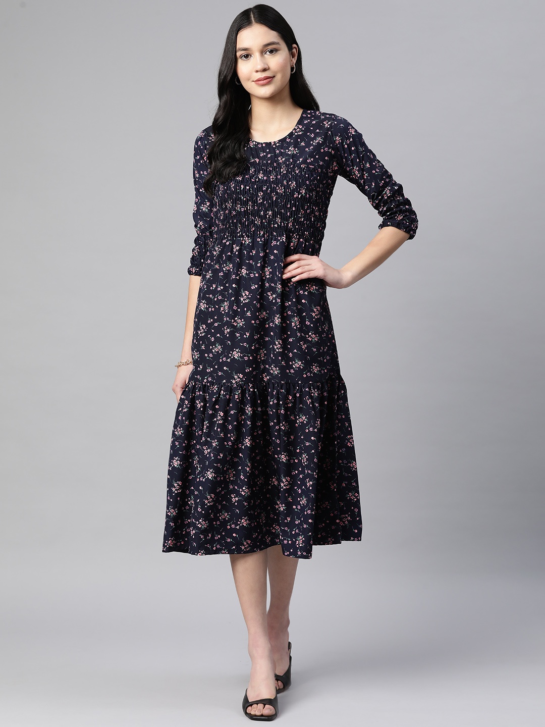 

SERONA FABRICS Floral Print Tiered Crepe A-Line Midi Dress, Navy blue