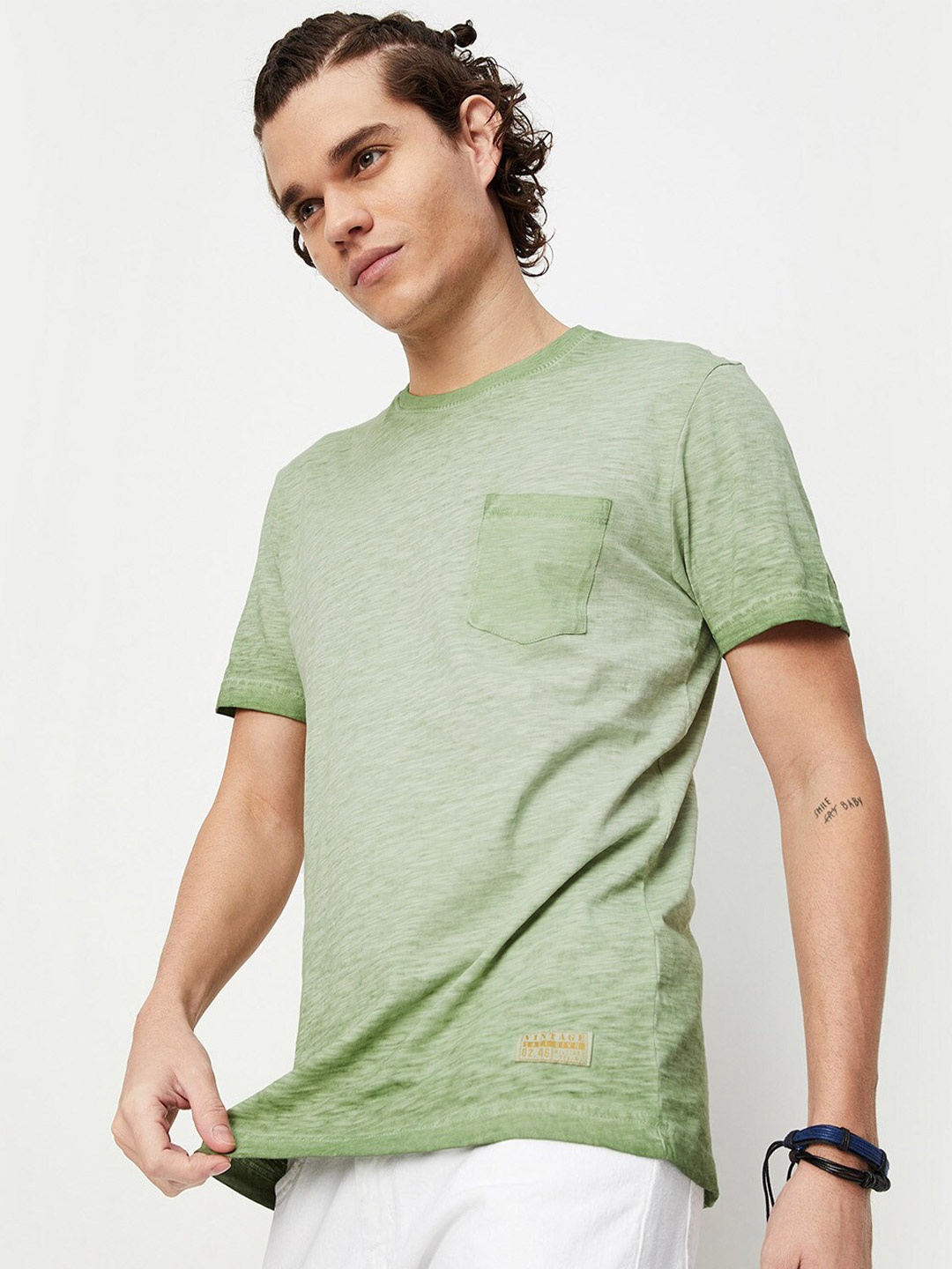 

max Men Round Neck Pure Cotton T-shirt, Green