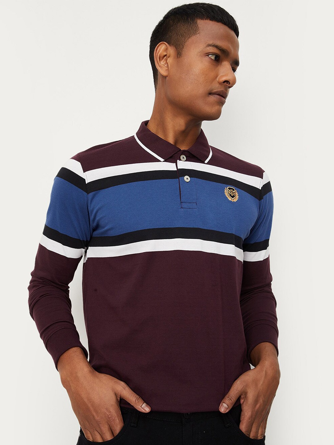 

max Men Striped Polo Collar Pure Cotton T-shirt, Burgundy