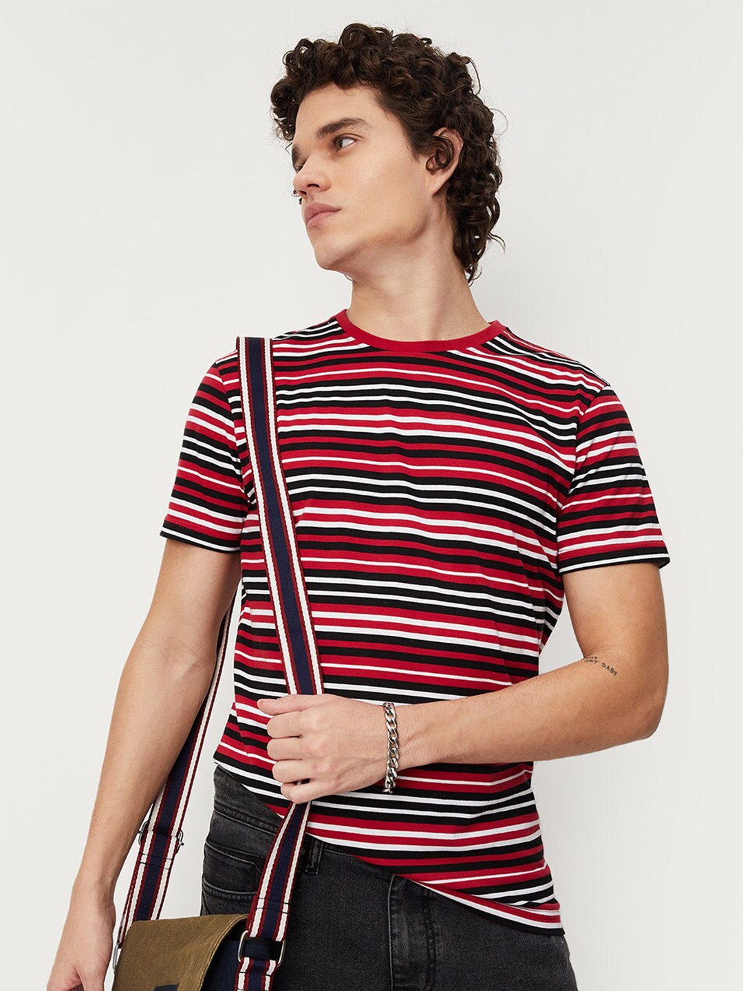 

max Men Striped Pure Cotton T-shirt, Red