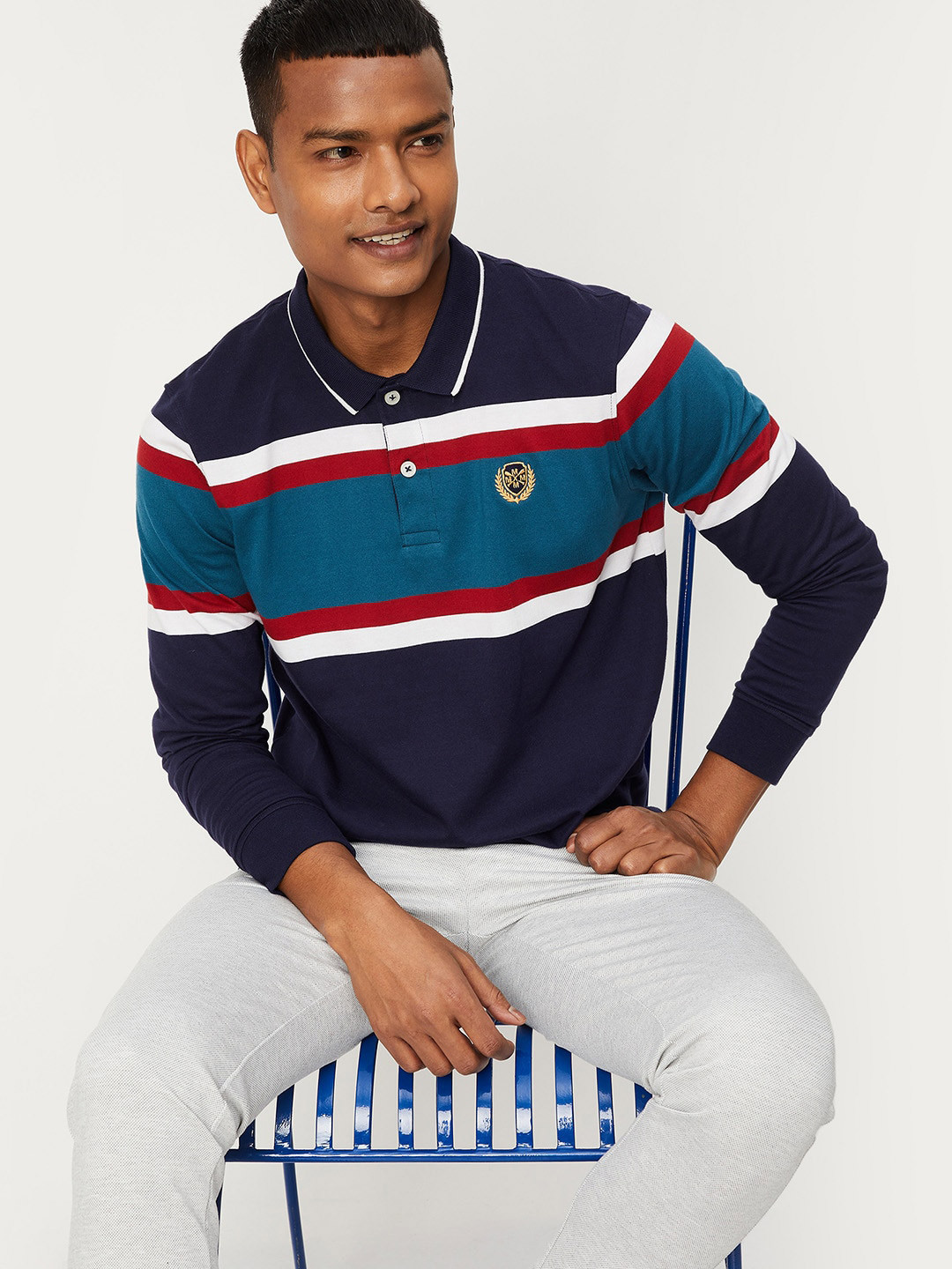 

max Men Striped Polo Collar Pure Cotton T-shirt, Blue