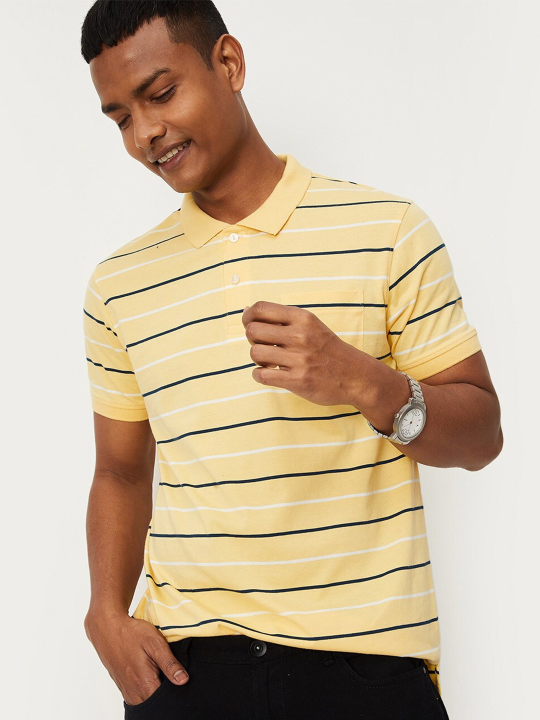 

max Men Striped Polo Collar Pure Cotton T-shirt, Yellow