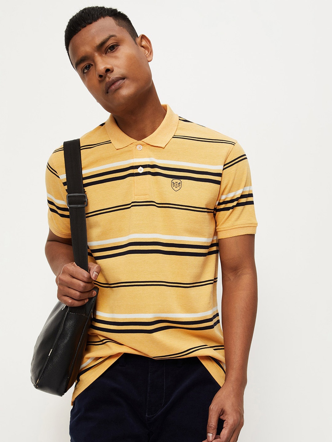 

max Men Striped Polo Collar Pure Cotton T-shirt, Mustard