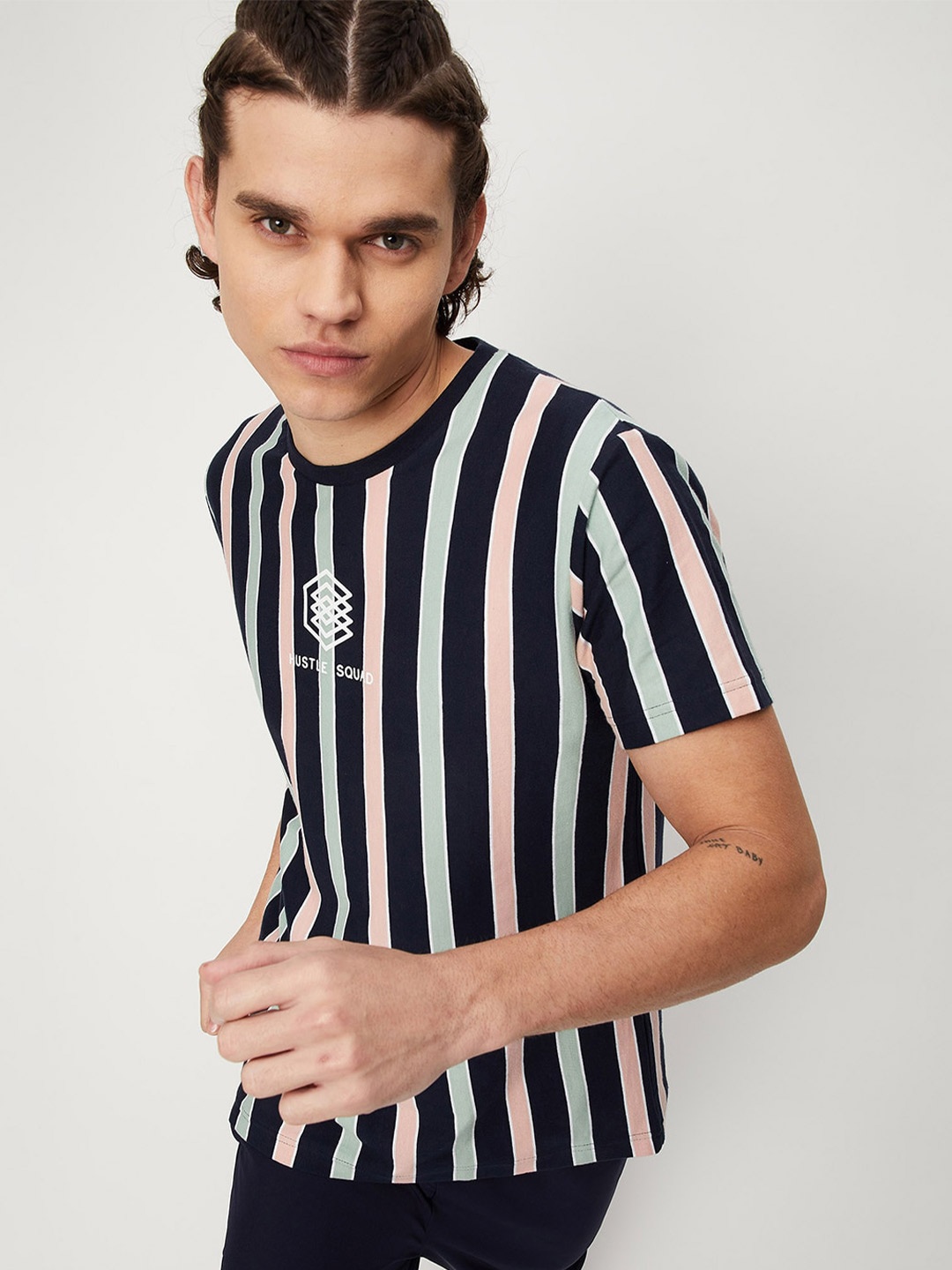 

max Men Striped Pure Cotton T-shirt, Navy blue