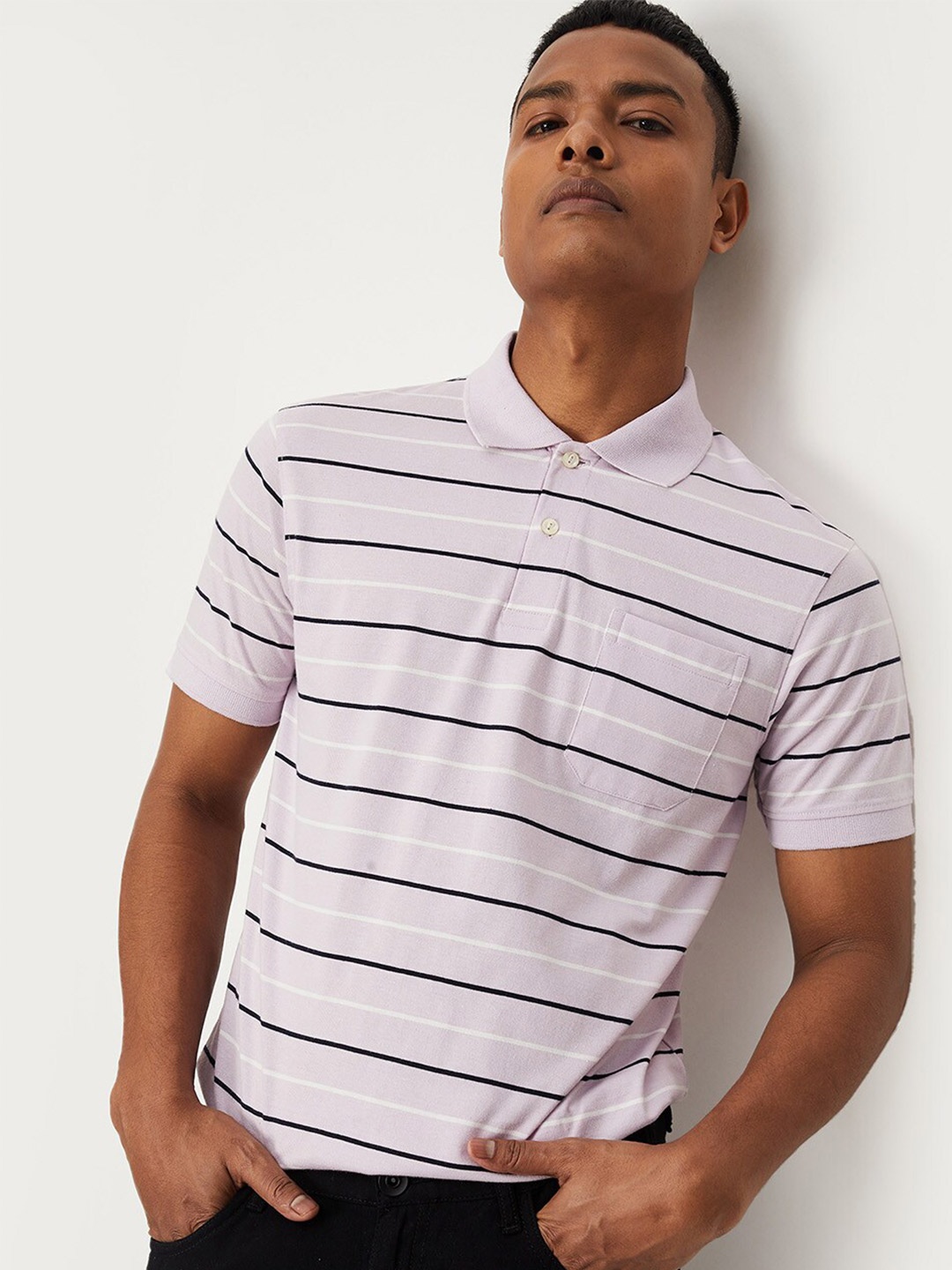

max Men Lavender Striped Polo Collar T-shirt