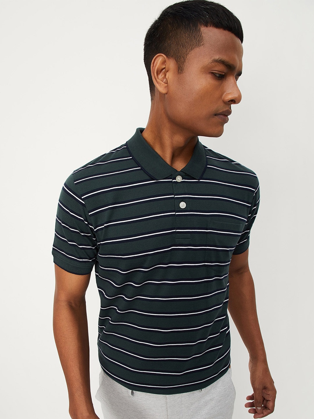 

max Men Striped Polo Collar T-shirt, Green