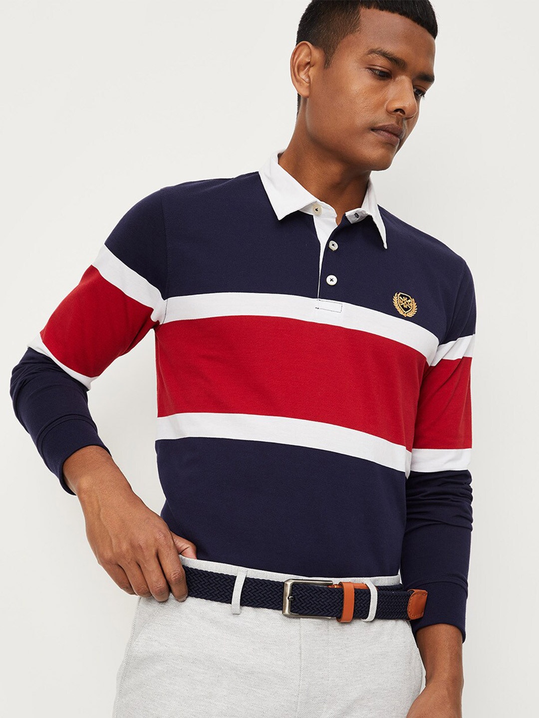 

max Men Striped Polo Collar T-shirt, Navy blue