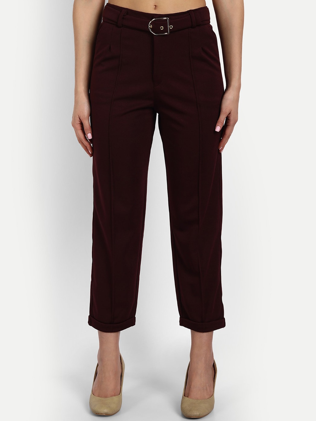 

Next One Women Relaxed Straight Leg Loose Fit High-Rise Easy Wash Pleated Trousers, Maroon