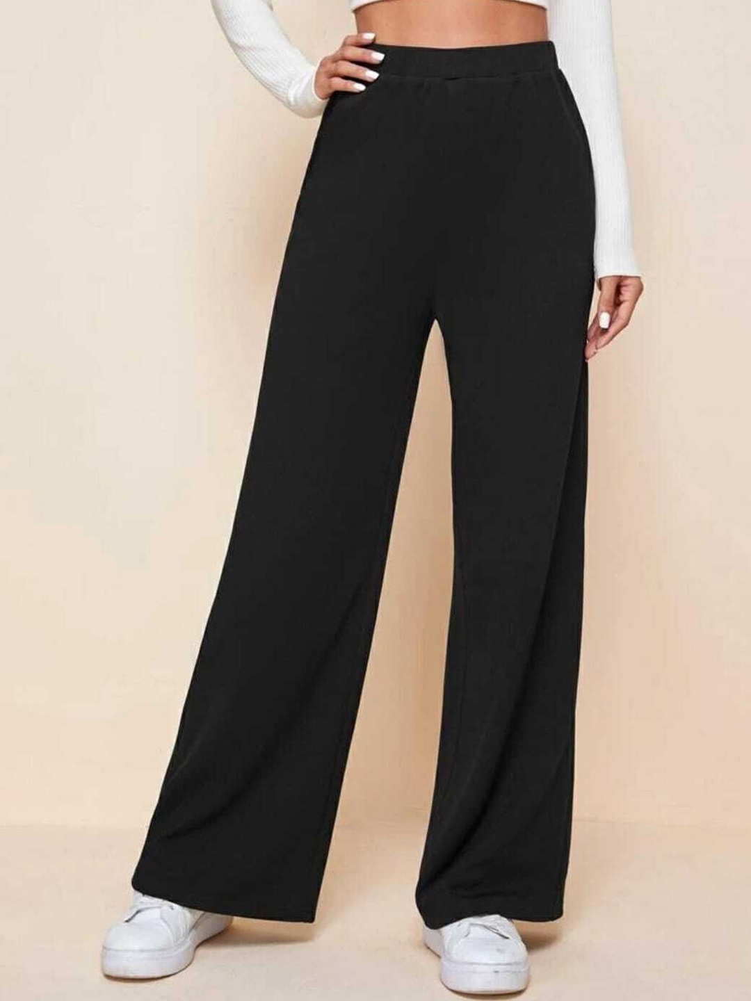 

Next One Women Straight Leg Flared High-Rise Trousers, Black